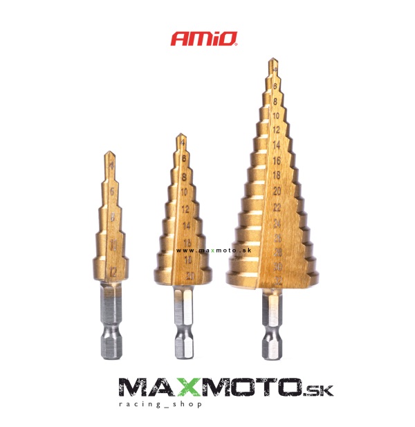 Stupňovité vrtáky AMIO 3 ks, 4-12 mm, 4-20 mm, 4-32 mm